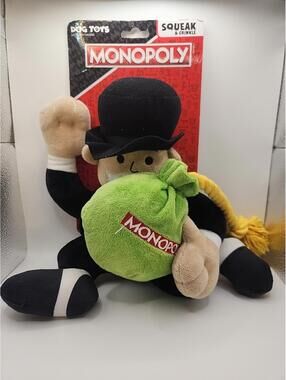 🔥Hasbro Mr. Money bags Monopoly Dog Toy Plush with Squeaker & Crinkle Rope Tug